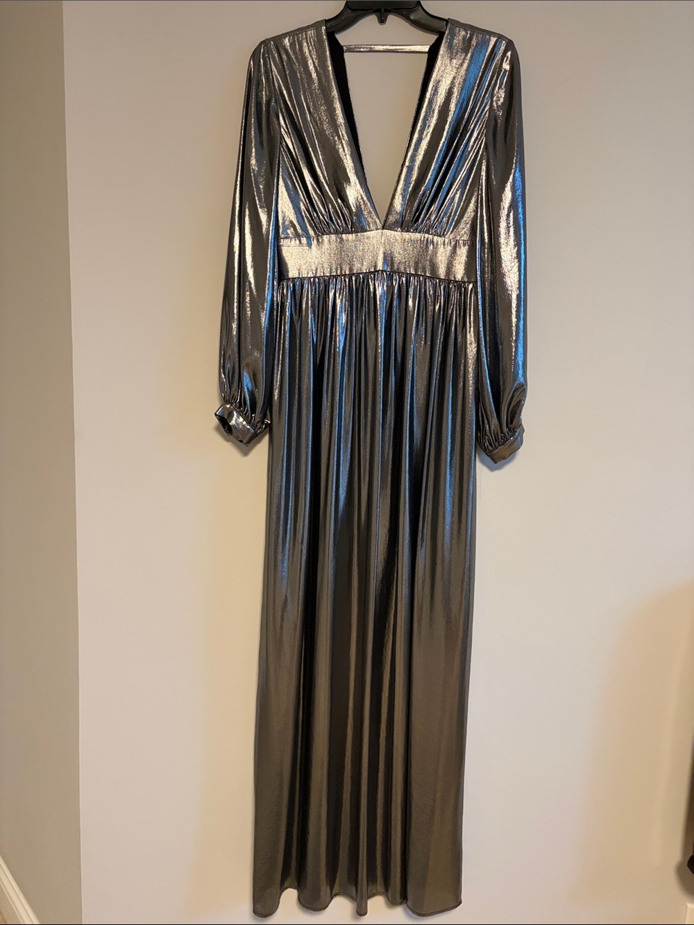 Gianni Bini Metallic Silver Long Sleeve Deep V Maxi Dress